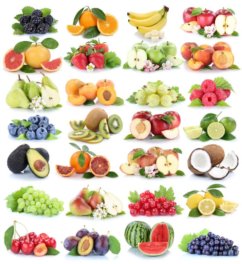 白色背景上排列整齐的不同品种的水果