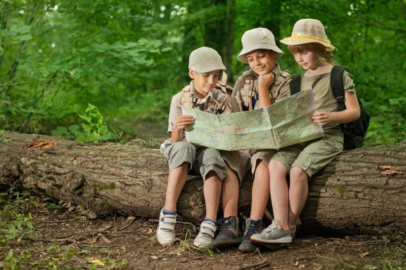 在绿色森林里坐在树干上看地图的三个孩子