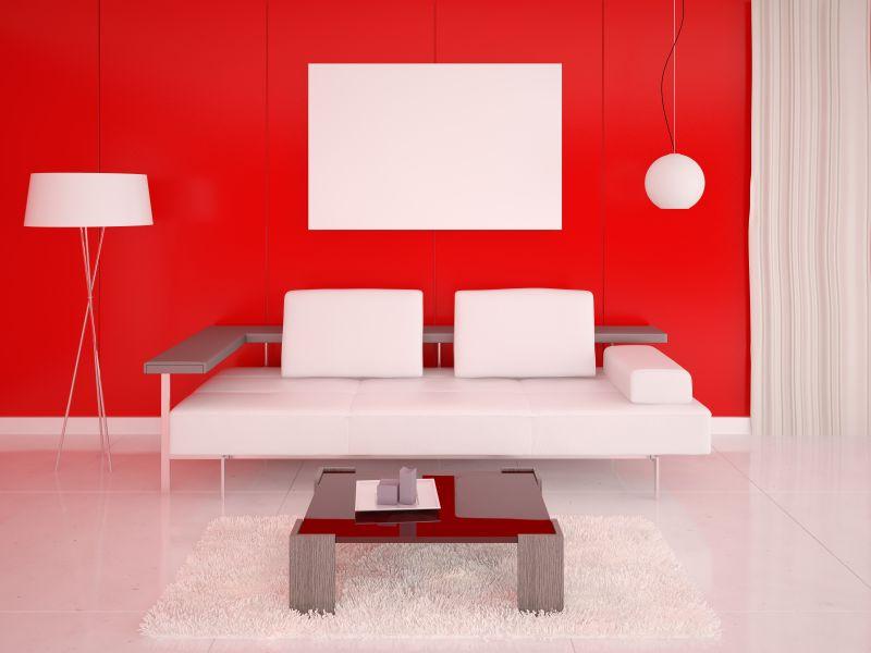 红色背景中白色的沙发