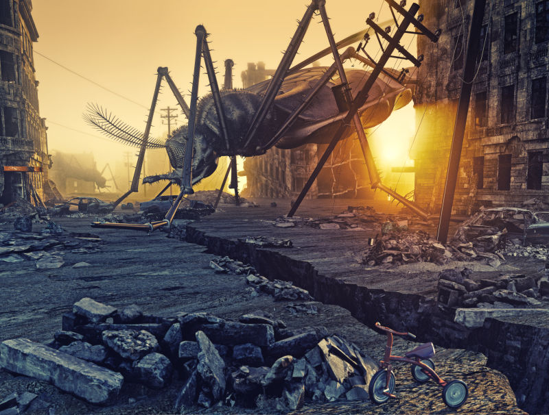 巨大的昆虫在废墟的城市