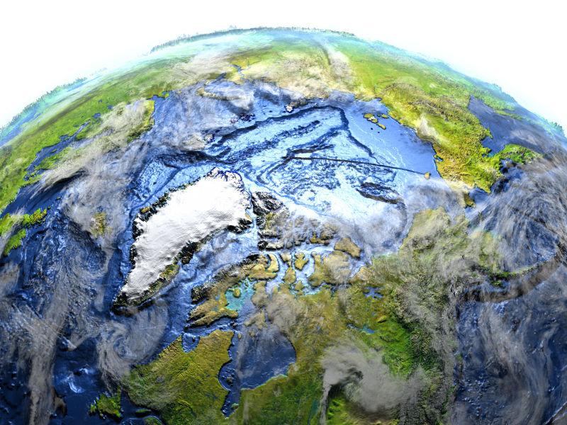 北冰洋地球三维模型具有塑料行星表面和海底的3D插图