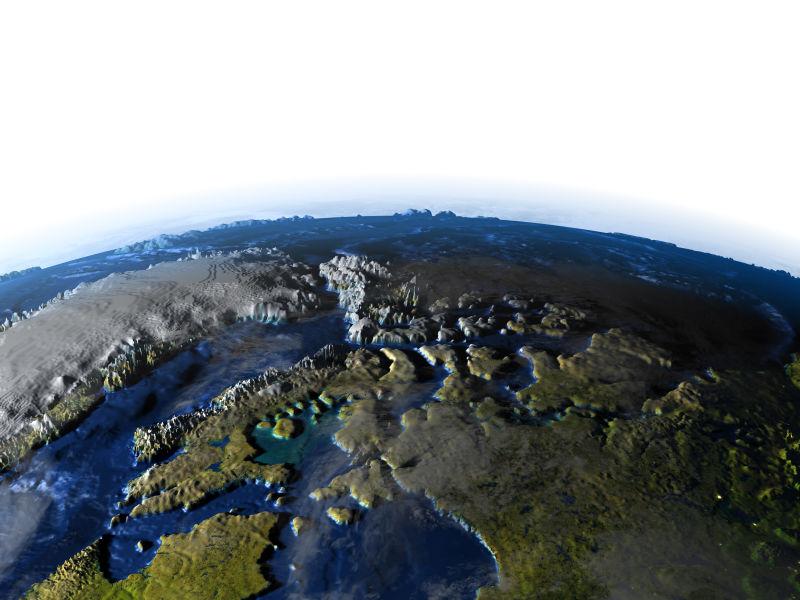 加拿大北部和格陵兰岛对地球的3D模型