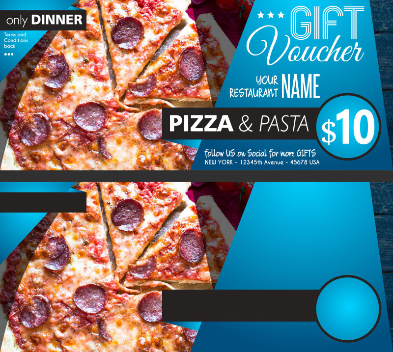 蓝色的10美元的香肠披萨的优惠券