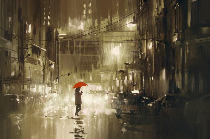 雨夜女人带着红色雨伞过马路