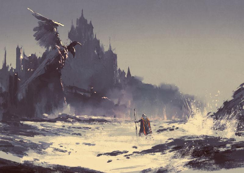 插图描绘国王穿越海边的梦幻城堡