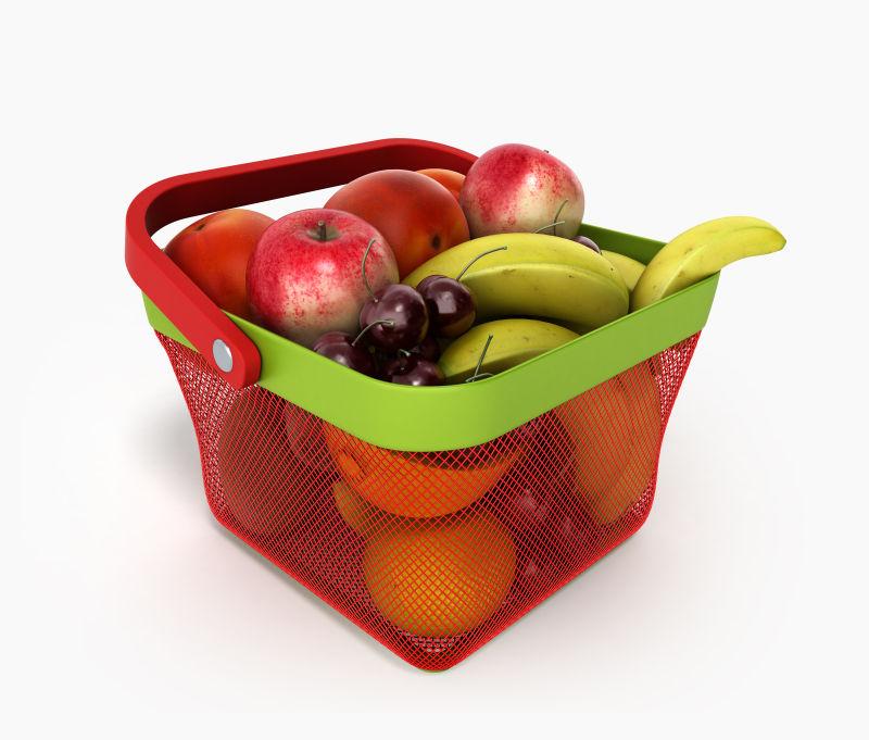 白色背景下购物篮装满新鲜水果