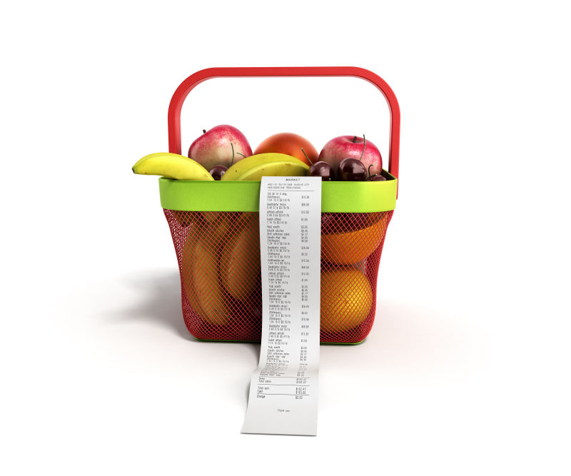 白色背景下水果保鲜篮3D插图和购物小票