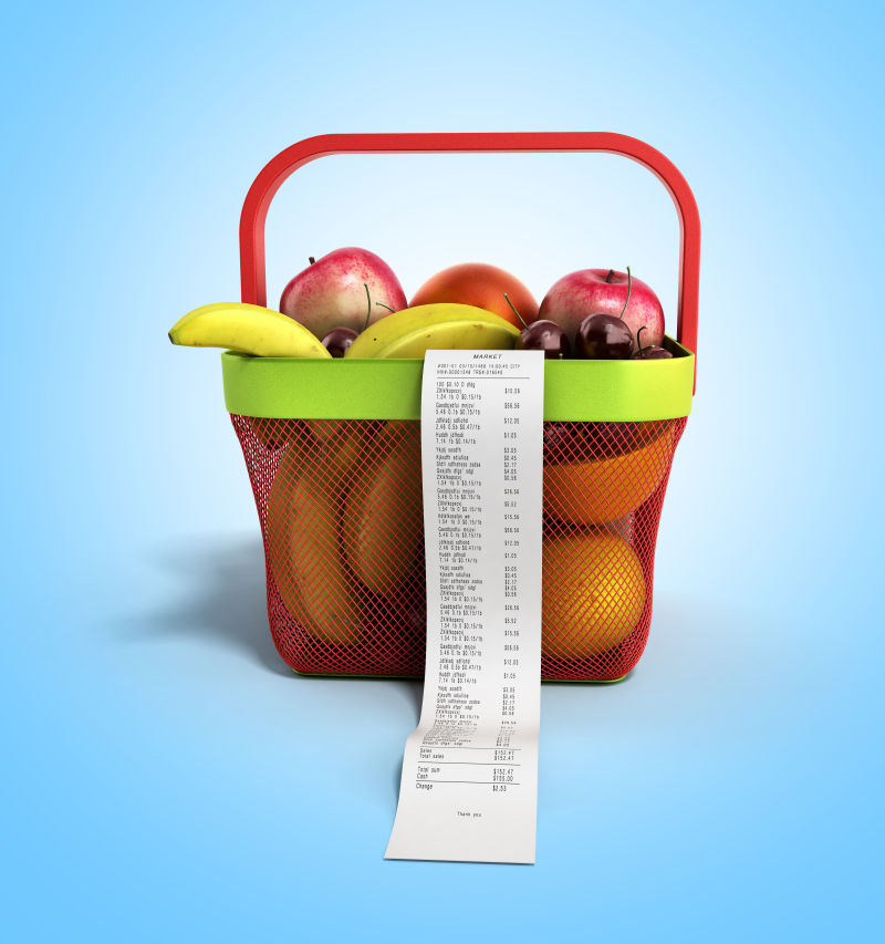 3d水果篮子里的新鲜水果和购物小票