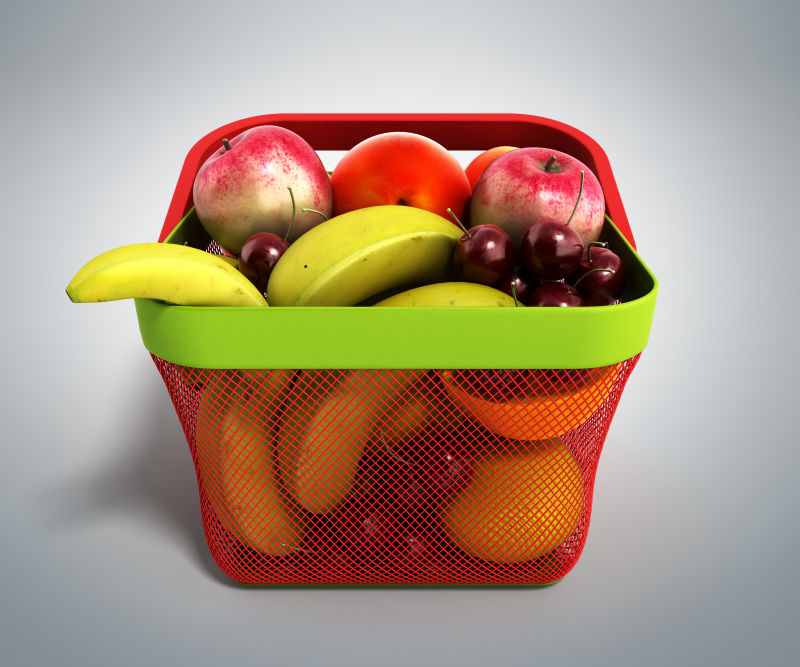 灰色背景下购物篮充满新鲜水果