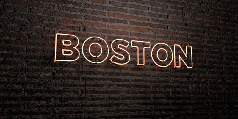 波士顿霓虹灯招牌在砖墙上