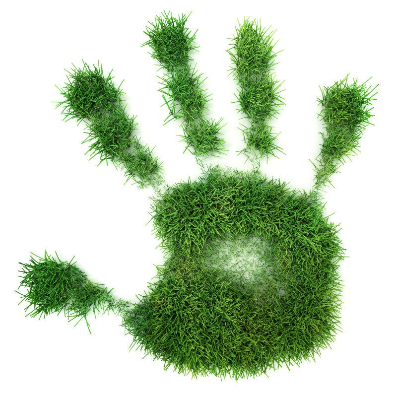 白色背景下绿色的草地形成的手印