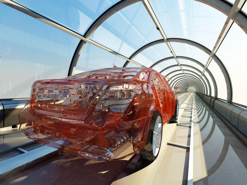 玻璃隧道中的3d汽车结构模型