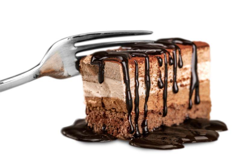 白色背景下巧克力蛋糕上的叉子