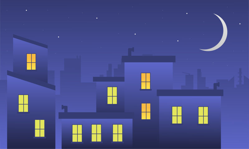 矢量夜晚的城市建筑平面插图