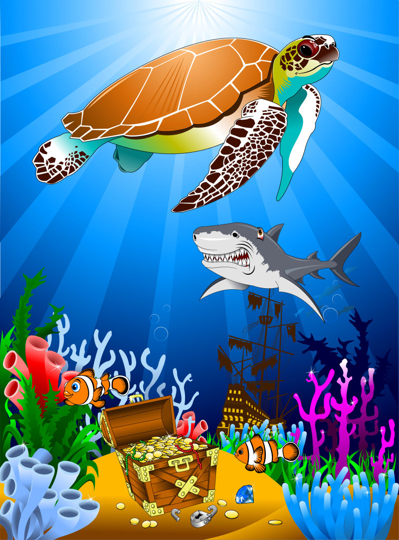 矢量海底游玩的鲨鱼海龟插图
