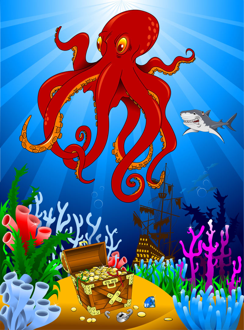 矢量卡通海底寻宝的章鱼
