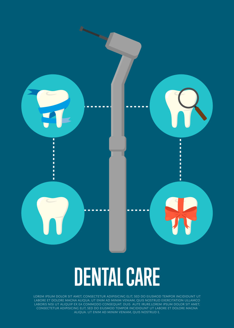 矢量牙钻和牙齿护理步骤的插图