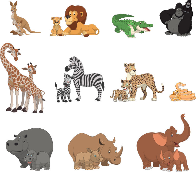 矢量有趣的动物家庭卡通插图 
