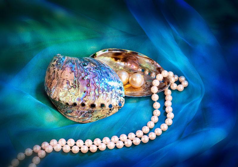 珍珠项链耳环和蓝色鲍贝壳