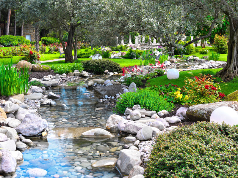 亚洲风格的美丽池塘花园