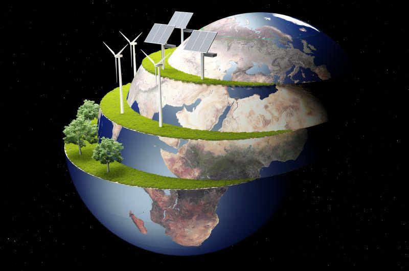 风力发电机和太阳能电池板的地球模型