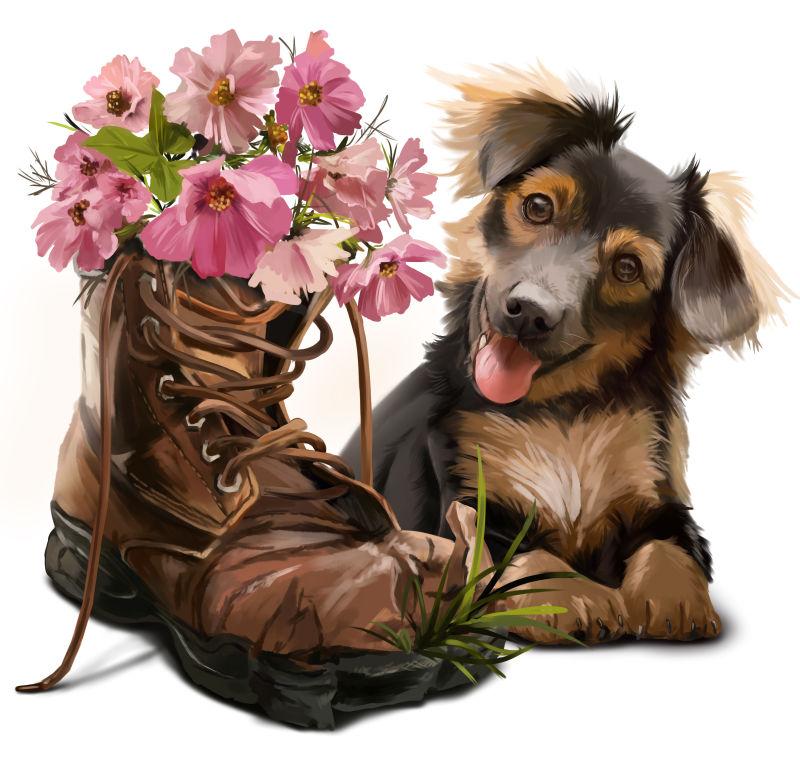 滑稽的小狗和带着鲜花的鞋子