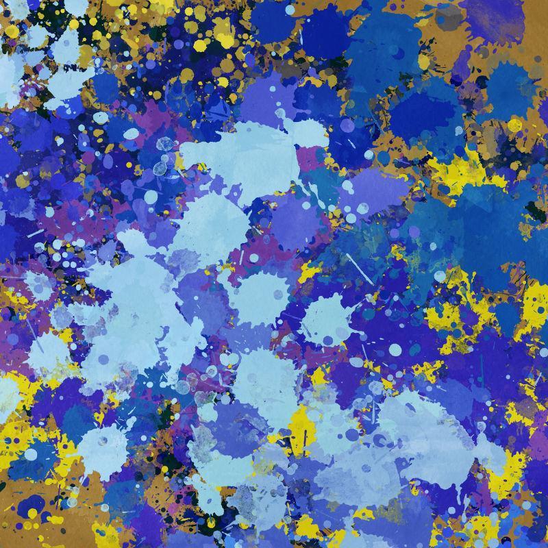 土黄色包围下的蓝色相间飞溅的抽象油漆背景