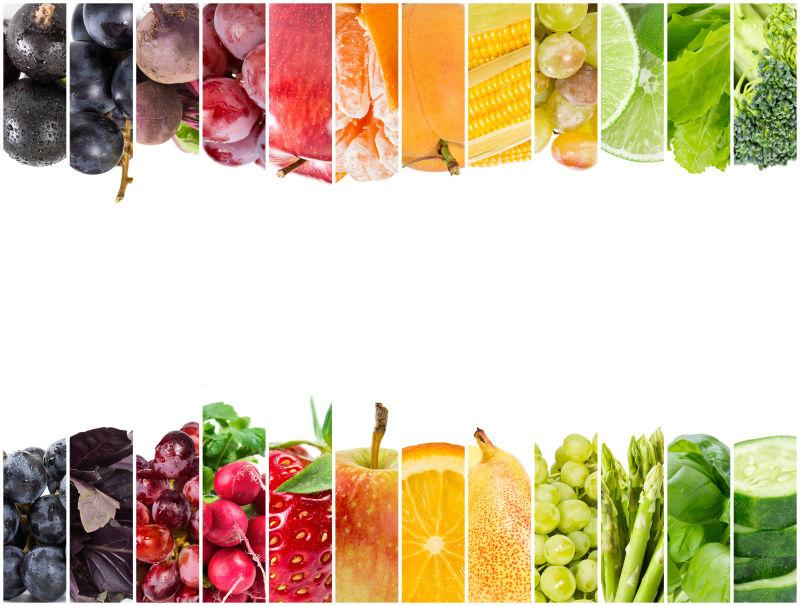 新鲜水果和蔬菜拼贴在白色背景的垂直条纹的形式