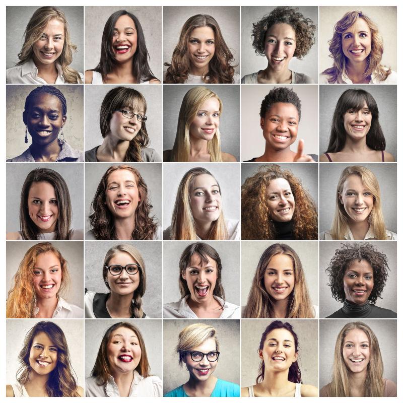 灰色背景上的不同女人的开心的面部表情拼贴