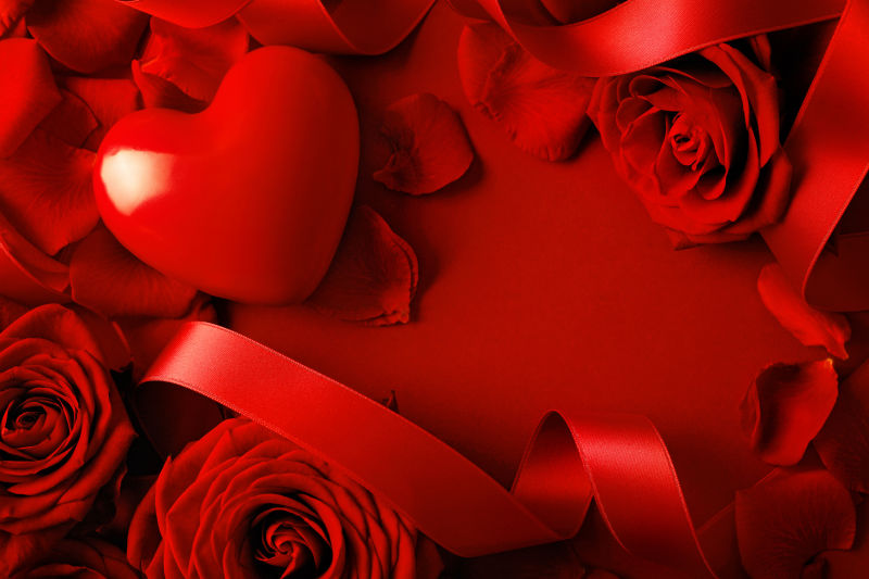 情人节红心玫瑰和丝带背景