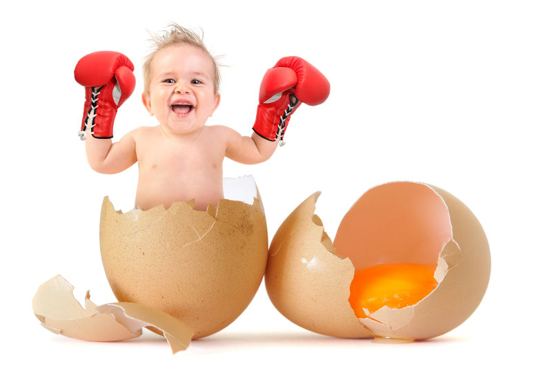 蛋壳中的宝宝双手戴着拳套