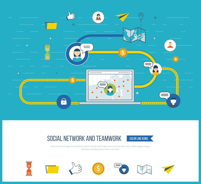 社交网络和团队合作理念矢量插图