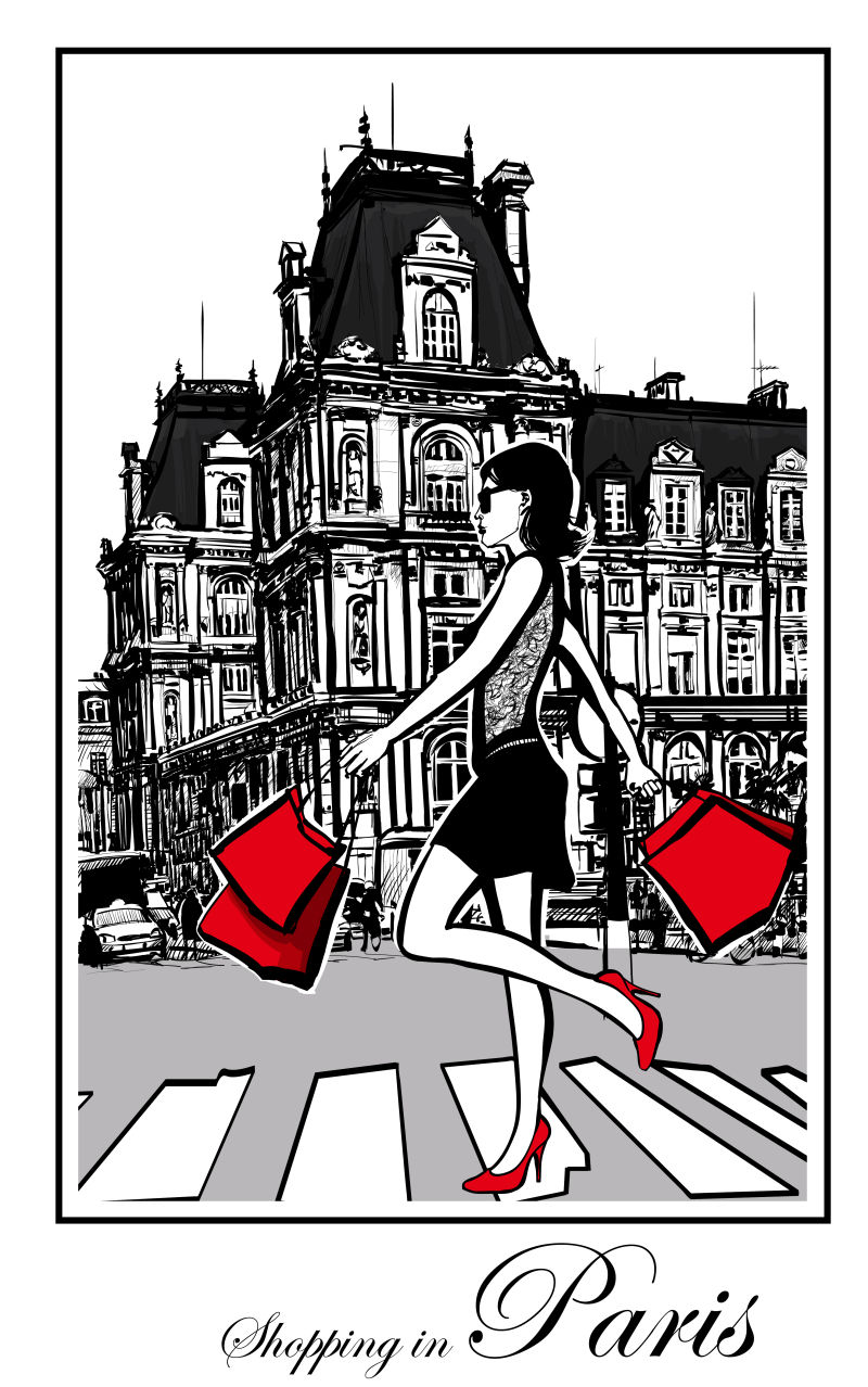 抽象矢量巴黎女性购物的手绘插图