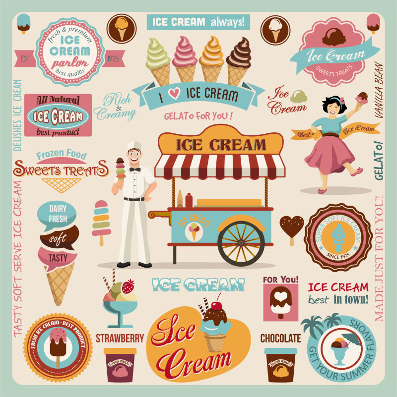 矢量卡通平面风格的冰淇淋标签设计