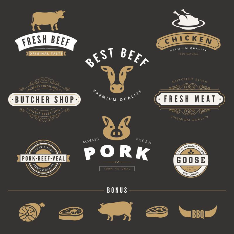 创意矢量复古食品肉类的标签设计