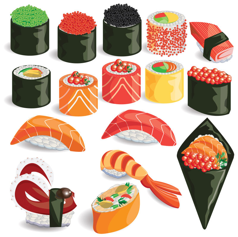 抽象矢量不同寿司的平面插图