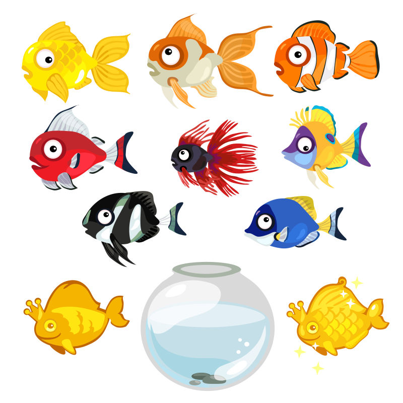 抽象矢量各种热带鱼类的鱼缸插图