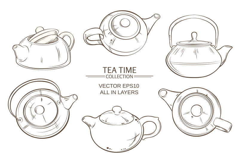 矢量线描风格的茶具插图