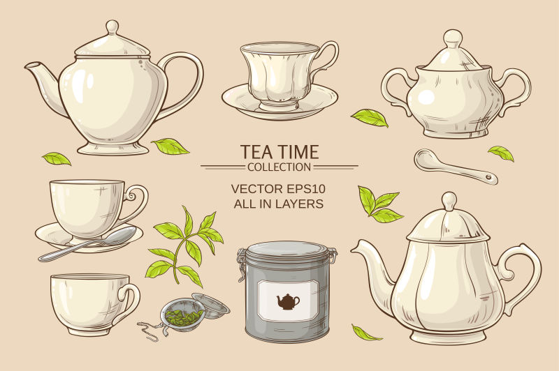 创意矢量各种茶具插图