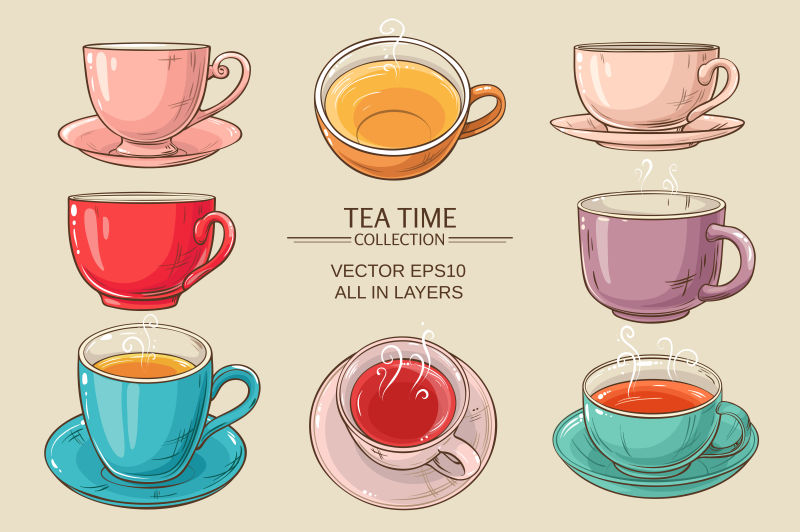 矢量抽象手绘彩色的茶具插图
