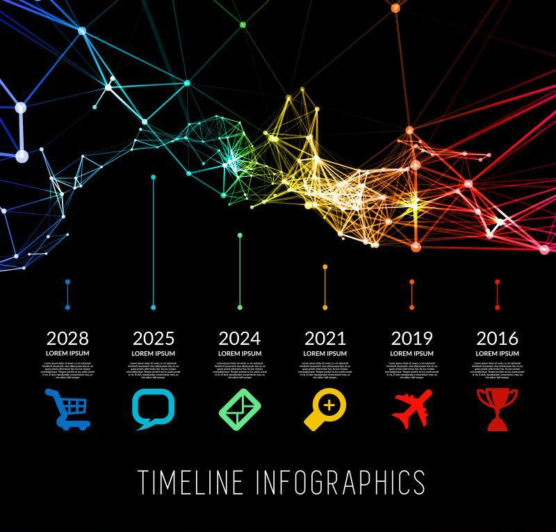 黑色背景下的时间线元素矢量信息图