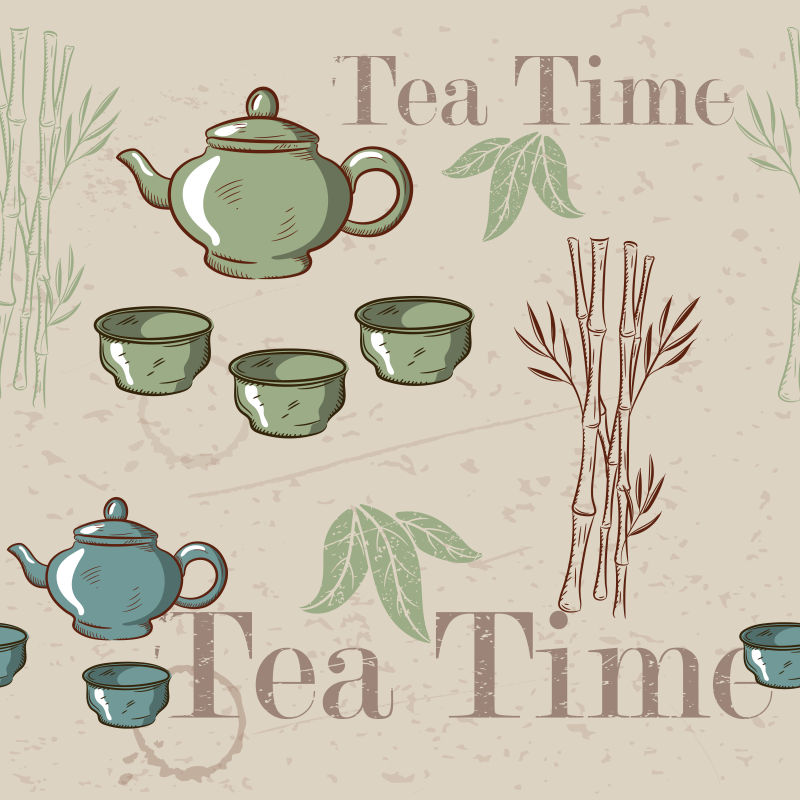抽象矢量复古插图风格的茶具设计