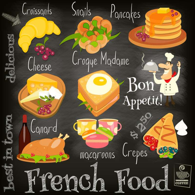 矢量创意法国食品元素的菜单插图设计