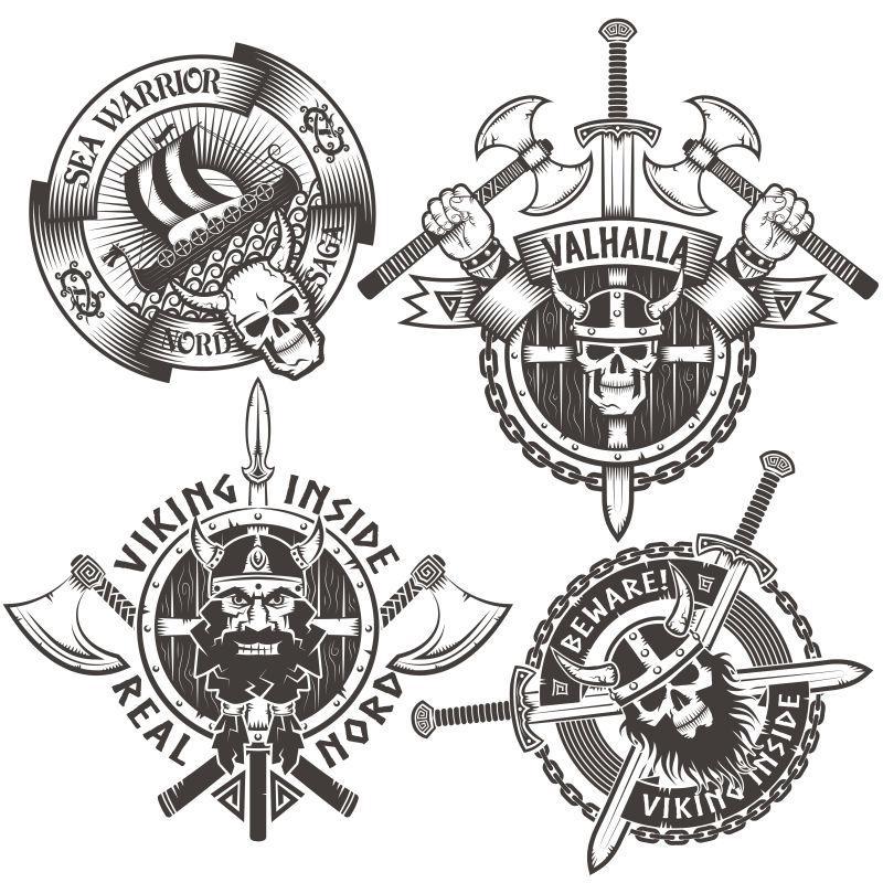 白色背景中的矢量维京战士徽章