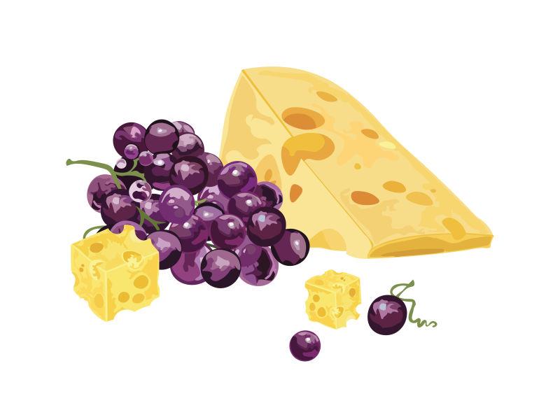白色背景上的奶酪和葡萄