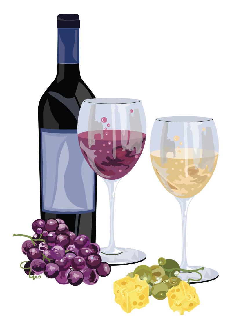 白色背景上的矢量葡萄与高脚杯葡萄酒