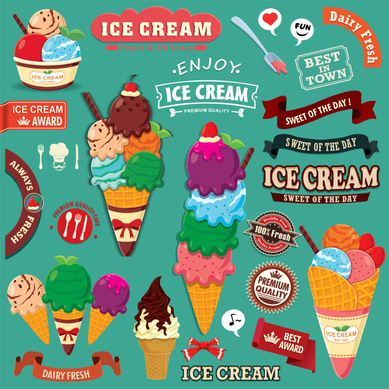 创意矢量卡通冰淇淋的平面插图