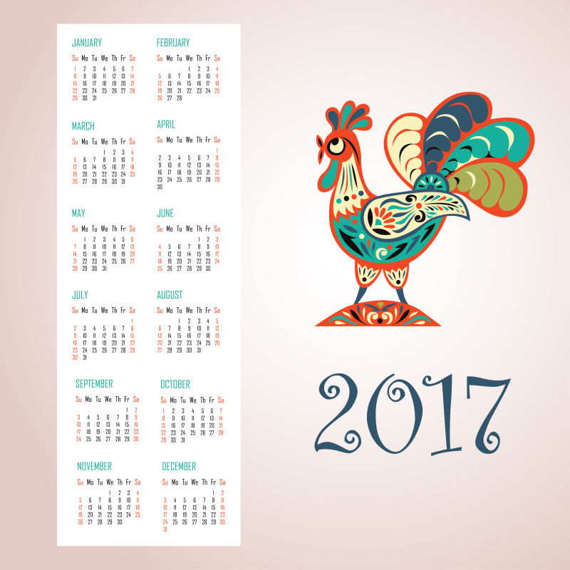 彩色公鸡图案的矢量日历