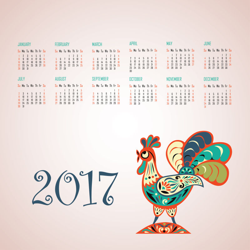 公鸡图案的2017矢量日历