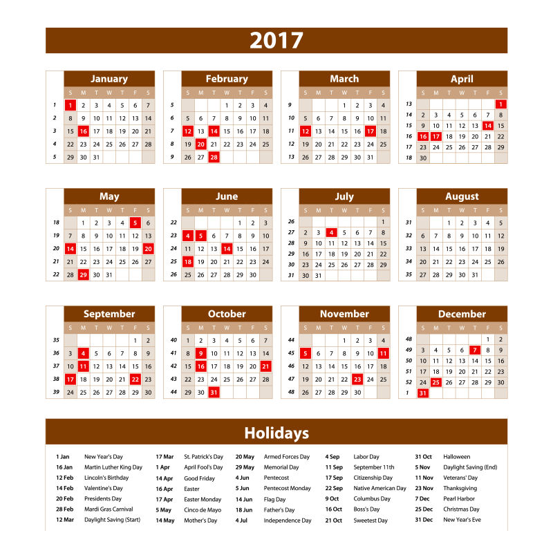 棕色的2017日历矢量设计